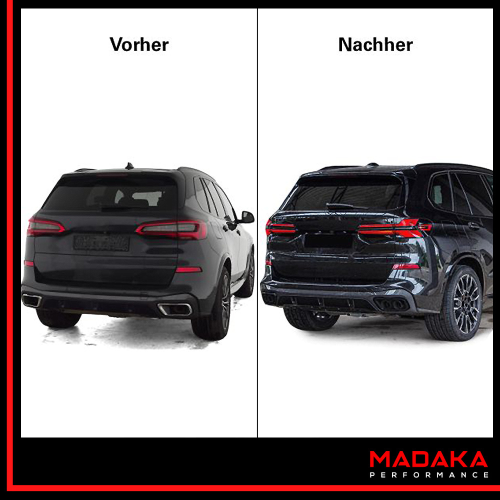 Diffusor mit Doppelendrohre schwarz montiert am BMW Vorher Nachher Ansicht- Bild 4